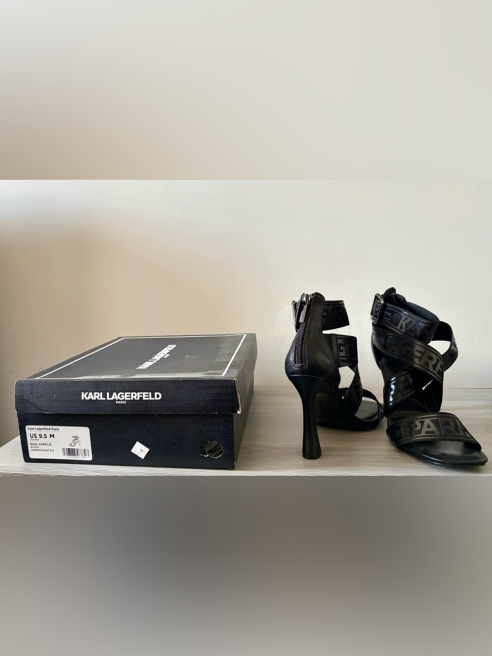 Karl Lagerfeld Black Strappy High Heel Sandals with Back Zip